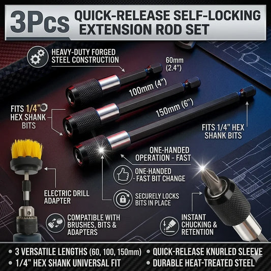 3-Pc 1/4" Hex Quick-Release Magnetic Bit Extension Rod Set Bit Extension Rod Set Oasis Select