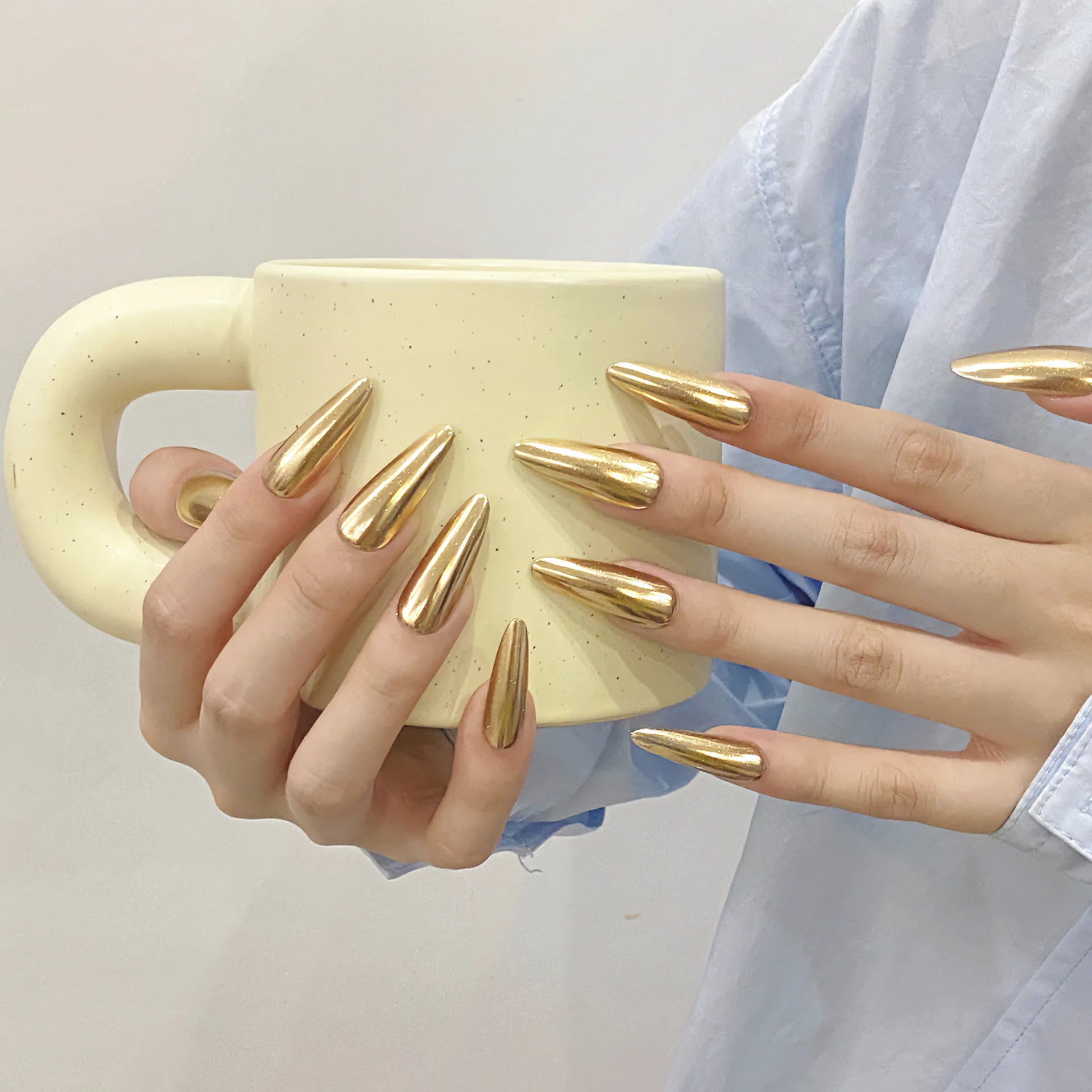 Handmade Press on Nails Champagne Gold Glossy Mirror Fake Nails for Women Girl Wearable Resuable Metal Color Almond False Nails Peaceful Pleasures Health and Wellness