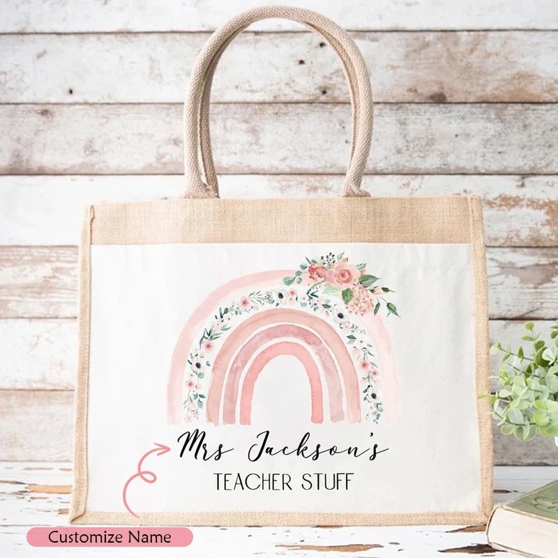 Personalised Pink Rainbow Tote Bag | Custom Teacher Gift Personalised Tote Bag Peaceful Pleasures Health and Wellness custom name 27x35x17cm