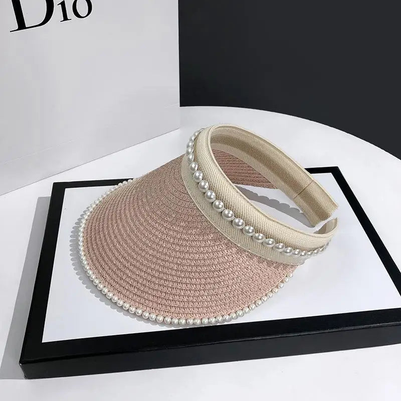 Women's Wide Brim Pearl Straw Sun Hat – Elegant Beach Cap
