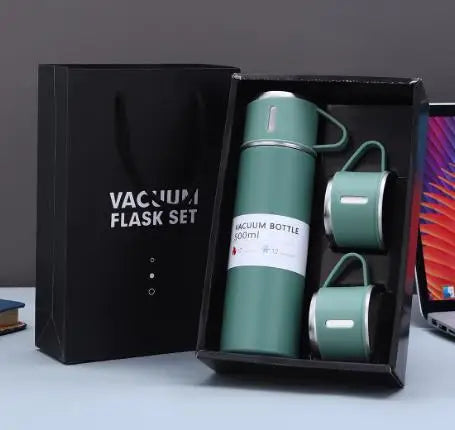One Cup Three Lid Thermos Cup Set 304 Stainless Steel Handle Lid Gift Cup Men's And Women's Portable Gift Box Set Peaceful Pleasures Health and Wellness green 401-500ml