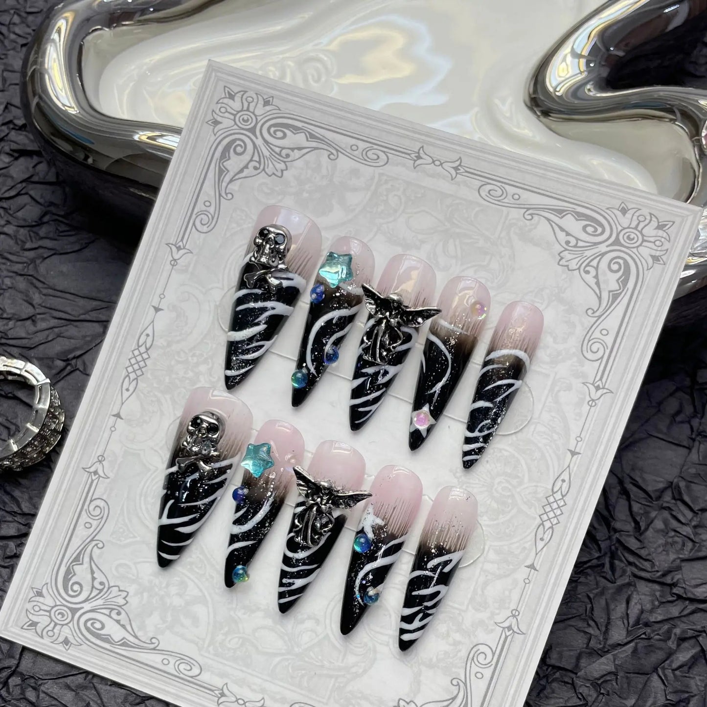 Handmade Press on Nails Punk Cool European False Nails Heavy Metal Angel Skull Decor Long Pointed Black Fake Nail Patches Peaceful Pleasures Health and Wellness M