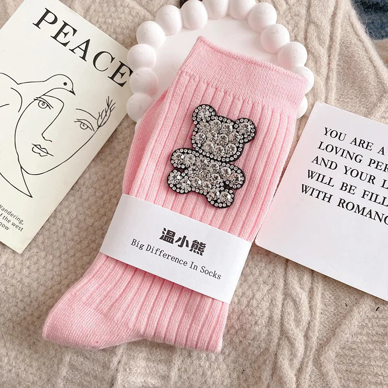 Diamond Cartoon Bear Decorative Socks, Fashionable Diamond Sparkling Women's Socks, Comfortable And Breathable Christmas Socks Peaceful Pleasures Health and Wellness Pink One Size