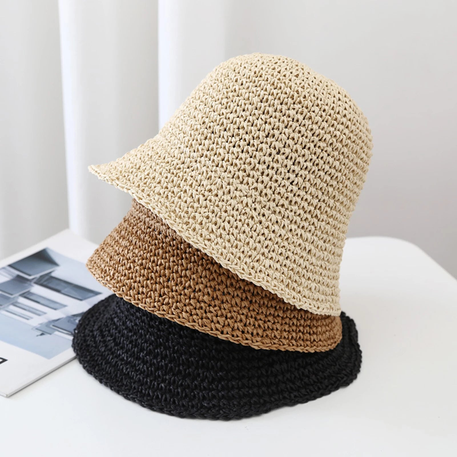 Women Wide Brim Straw Hat Anti-UV Sunshade Bucket Hat for Fishing Camping Traveling Peaceful Pleasures Health and Wellness