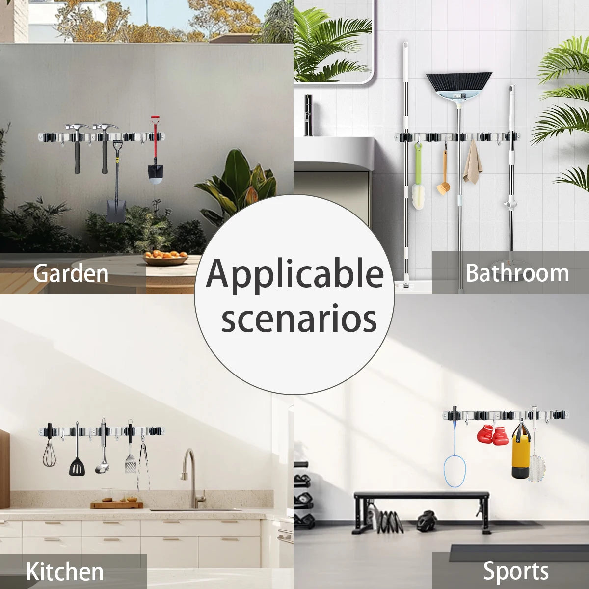 4-Hook Adhesive Broom Mop Organizer Stainless Steel Wall-Mounted Non-Slip Rack Storage Solution for Home Kitchen Garden Laundry Peaceful Pleasures Health and Wellness