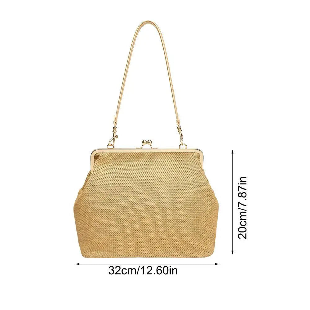 Retro Large Straw Tote Bag For Women, Kiss-Lock Woven Purse, Summer Beach Travel Vacation Grocery College Market, Spring & Even Peaceful Pleasures Health and Wellness B