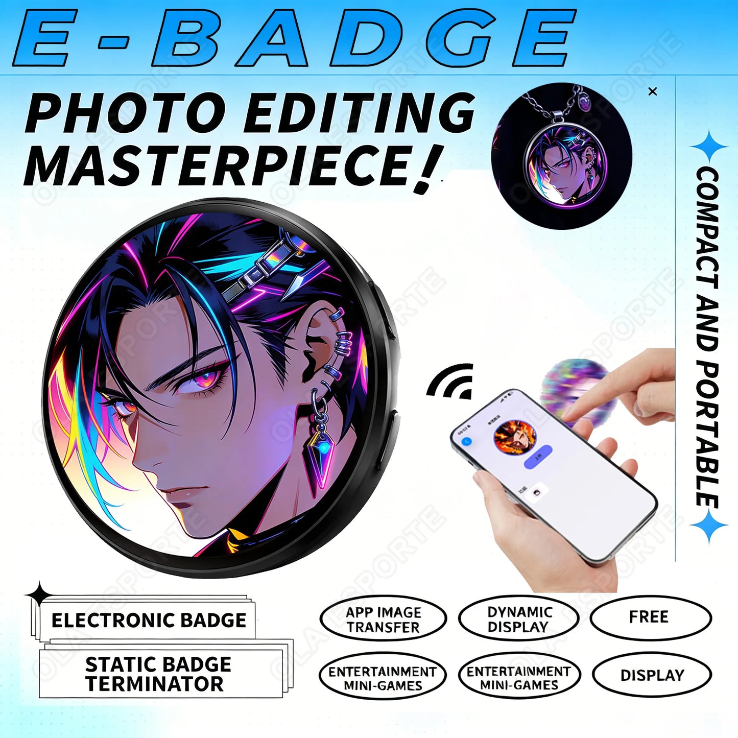 Smart E-Badge 1.5" Touch Screen Display Brooch | Bluetooth