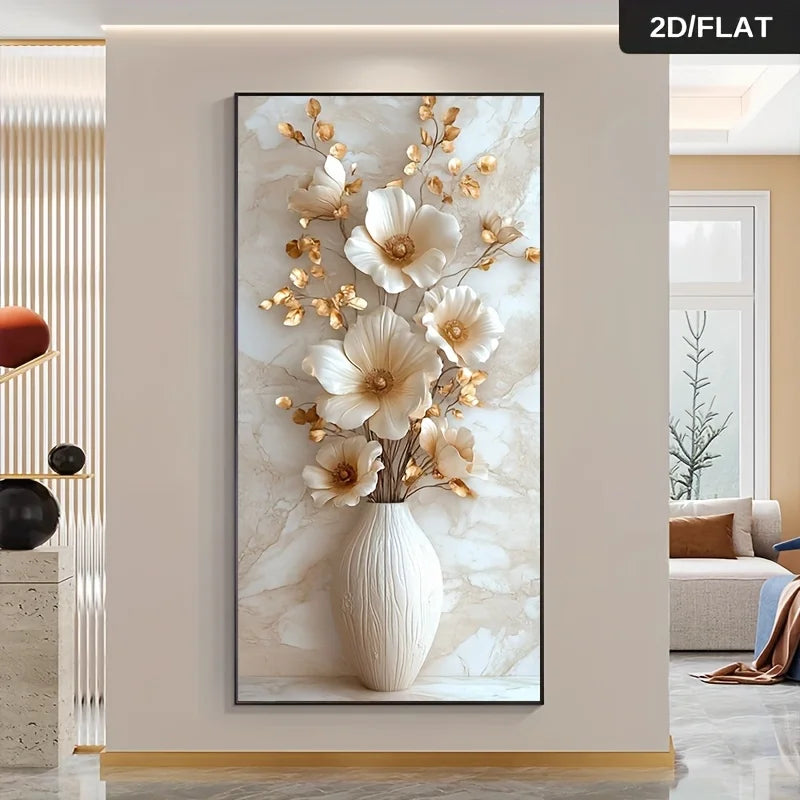 Modern Floral Canvas Wall Art – Beige & Gold Vase Flowers Print Canvas Wall Art Peaceful Pleasures Health and Wellness