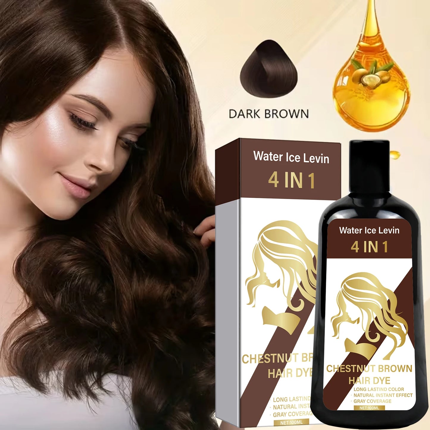 Hair dye shampoo Brown 4 IN 1 1+1 Pack 100ml Biotin Collagen Hyaluronic Acid Vitamin C Gray Coverage Long Lasting Repair Cheap Peaceful Pleasures Health and Wellness