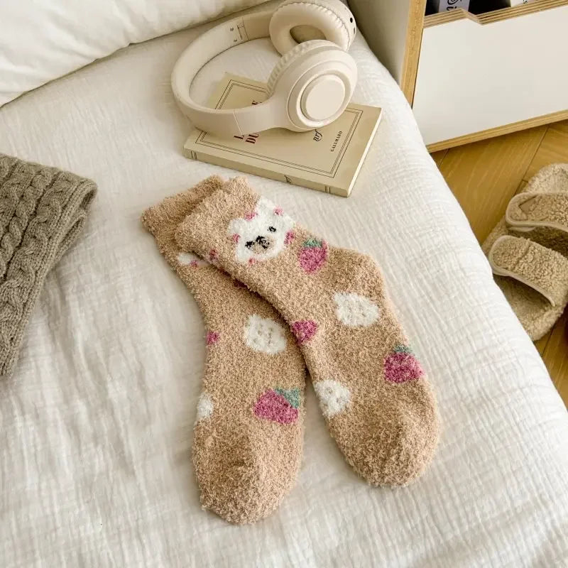 New Fashion Coral Fleece Women Socks Warm Home Floor Socks Strawberry Bear Socks Mid Tube Sleep Socks Plush Socks Added Fleece Peaceful Pleasures Health and Wellness Khaki One Size