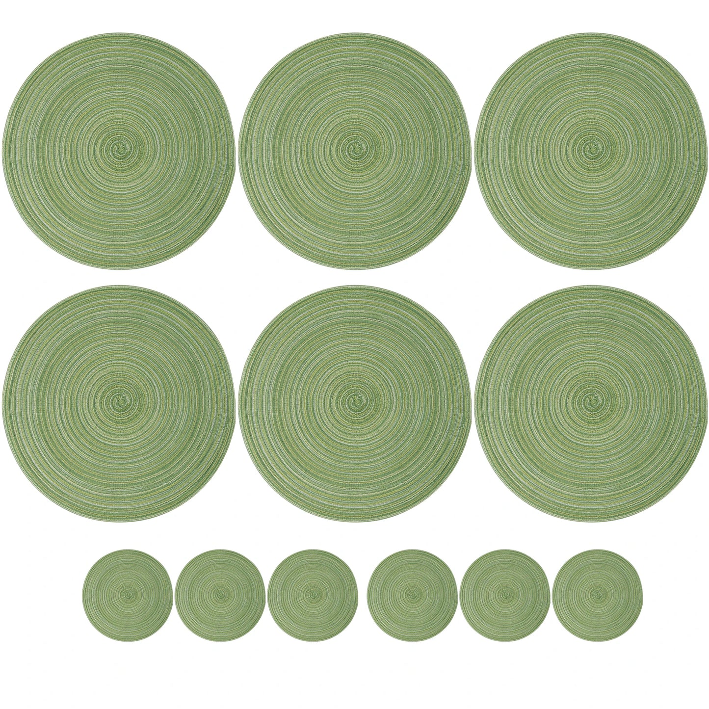 Set of 6 Round Braided Table Mat Washable Placemats Non Slip Heat Resistant for Kitchen Dining Tables Pad With 6Pc Cup Coasters Peaceful Pleasures Health and Wellness Cotton 33.5cm Green 12 Mats 12 Coaster