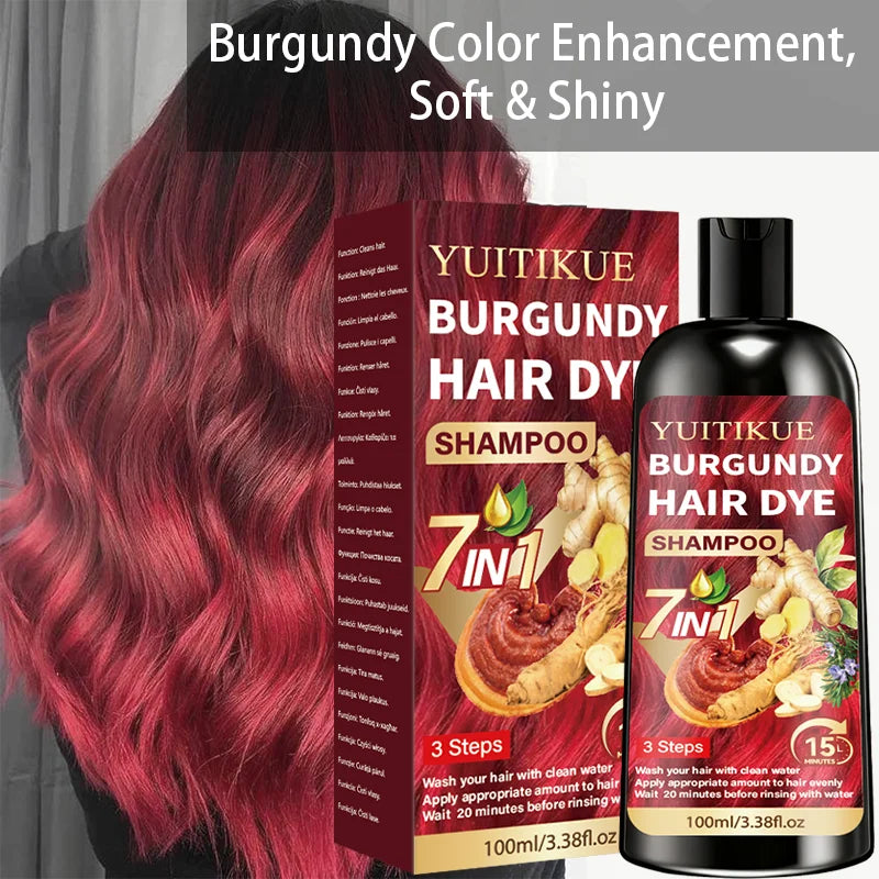 YUITIKUE 7 IN 1 Burgundy Hair Dye Shampoo Natural Ginger Herbal Long Lasting Moisturizing At‑Home Hair Color Shampoo 100ml Peaceful Pleasures Health and Wellness