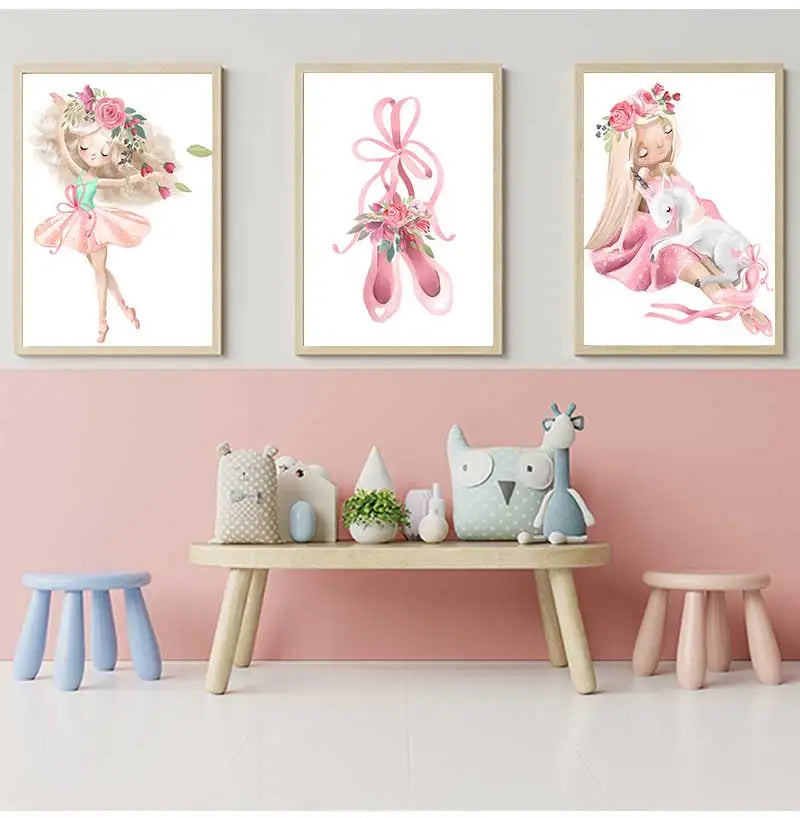 Kids Canvas Wall Art | Ballet Girl Rabbit Unicorn Poster Print