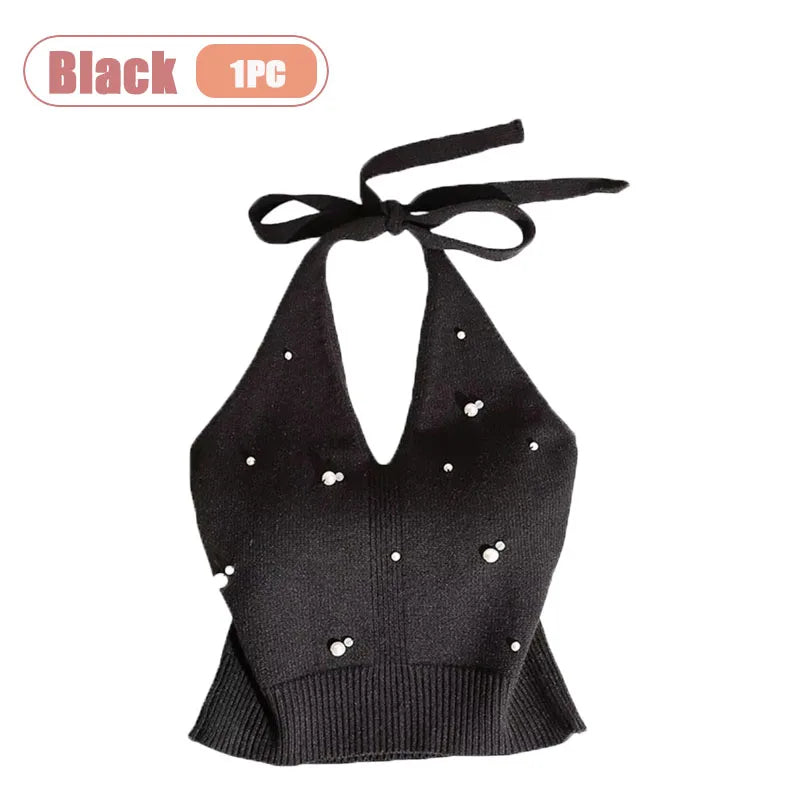 Beaded Halter Top – Backless Sleeveless Knit Cami for Women