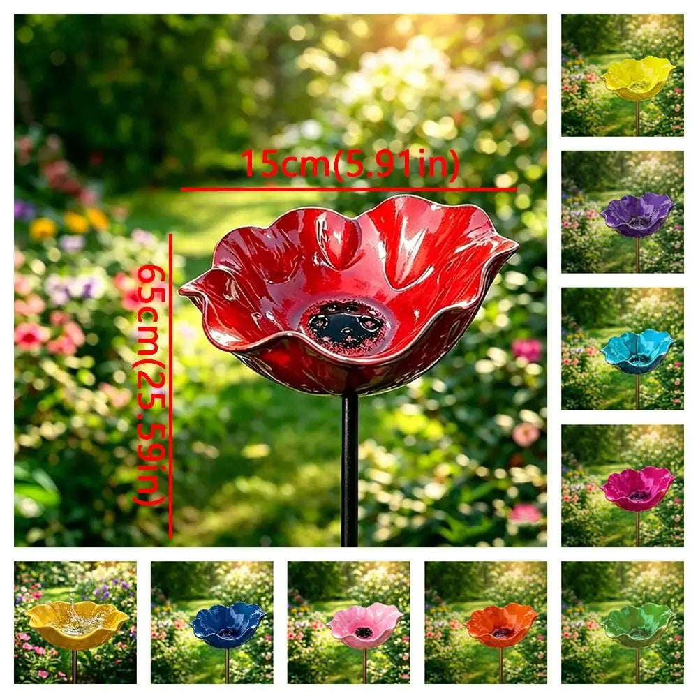 Handcrafted Metal Flower Garden Stake & Bird Bath | UV Resistant