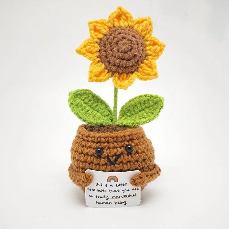 Crochet Sunflower Pot Ornament | Handmade Gift with Positivity Card