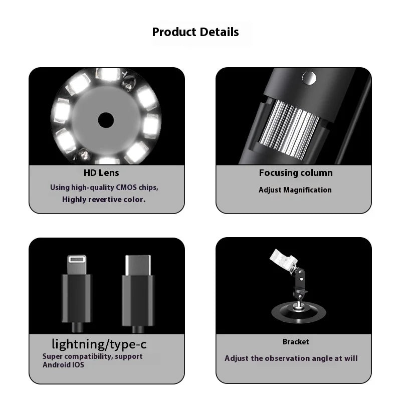1600X Apple Android Phone Direct Connection Digital Microscope Handheld Industrial Beauty Electronic Magnifier Peaceful Pleasures Health and Wellness