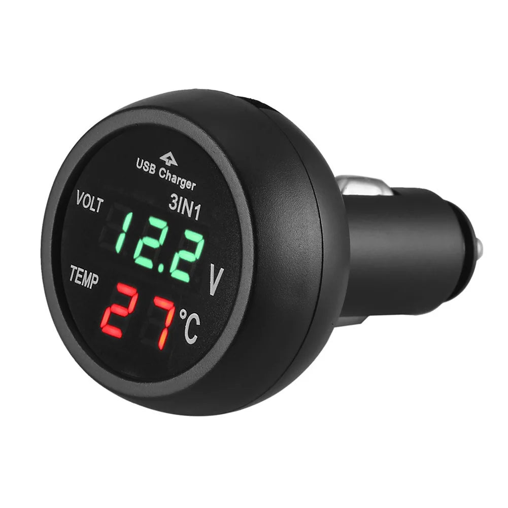 3 in 1 12V/24V Digital LED Car Cigarette Lighter Voltmeter Thermometer Car Truck USB Charger Voltage Current Temperature Meter Peaceful Pleasures Health and Wellness Green United States