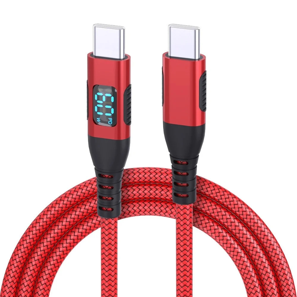 100W USB-C Fast Charging Cable with LED Display | 1M 2M 3M Peaceful Pleasures Health and Wellness Red 60W 1m