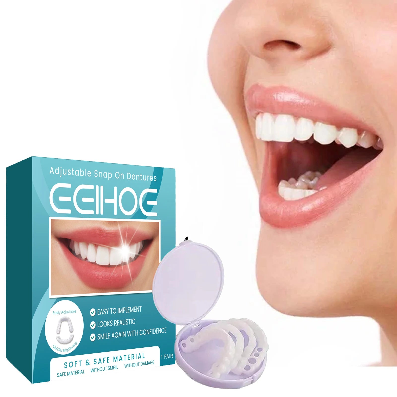 Adjustable Snap on Dentures Help Cover up Dirty Plaque Soft Comfortable Material Natural Tooth Color Adjustable Buckle Dentures Peaceful Pleasures Health and Wellness