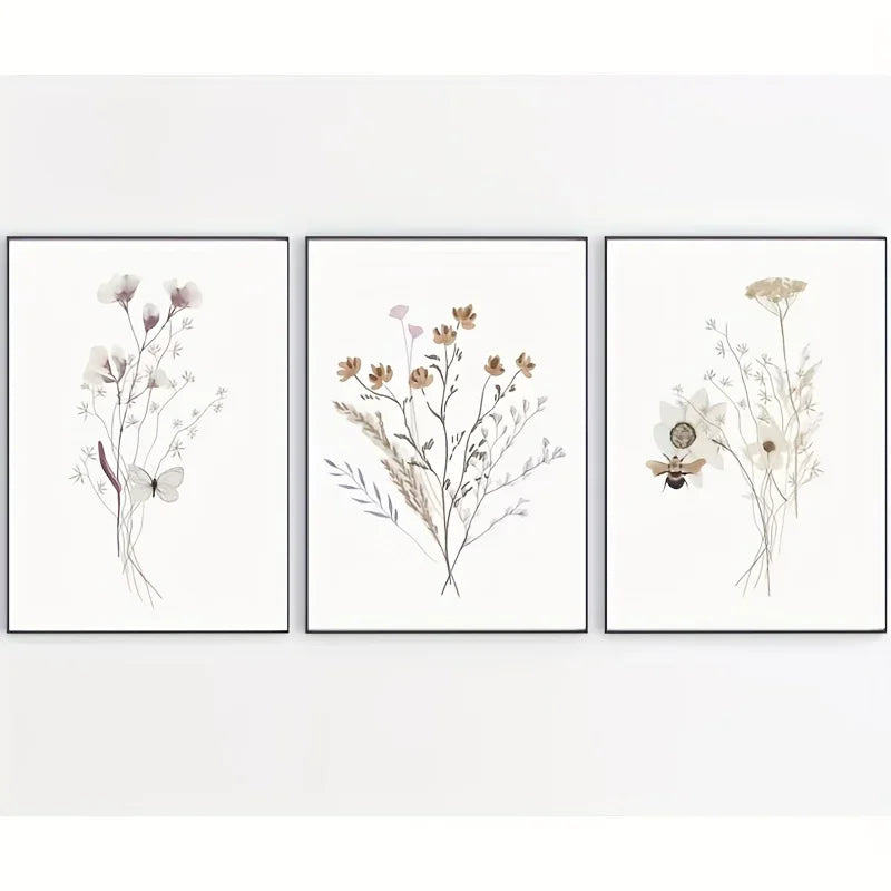 3-Piece Watercolor Wildflower Canvas Wall Art | Nordic Botanical