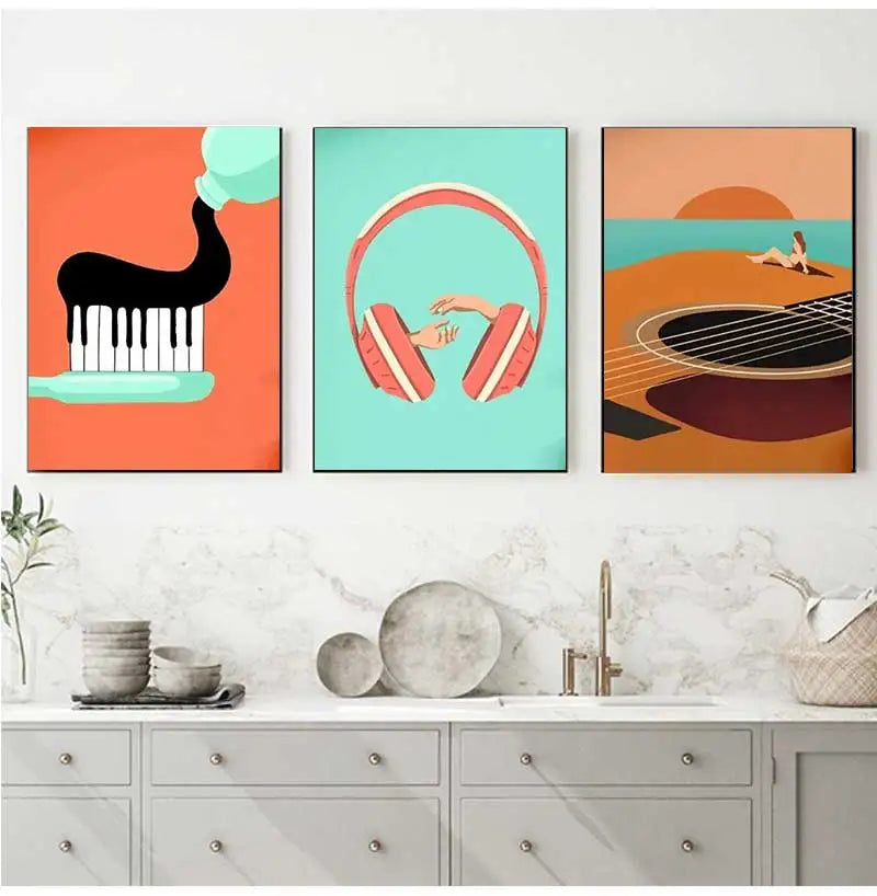 Vintage Music Art Funny Abstract Instrumental Canvas Painting Huge Guitar Piano Keys Poster Headphone Prints Home Decor Peaceful Pleasures Health and Wellness