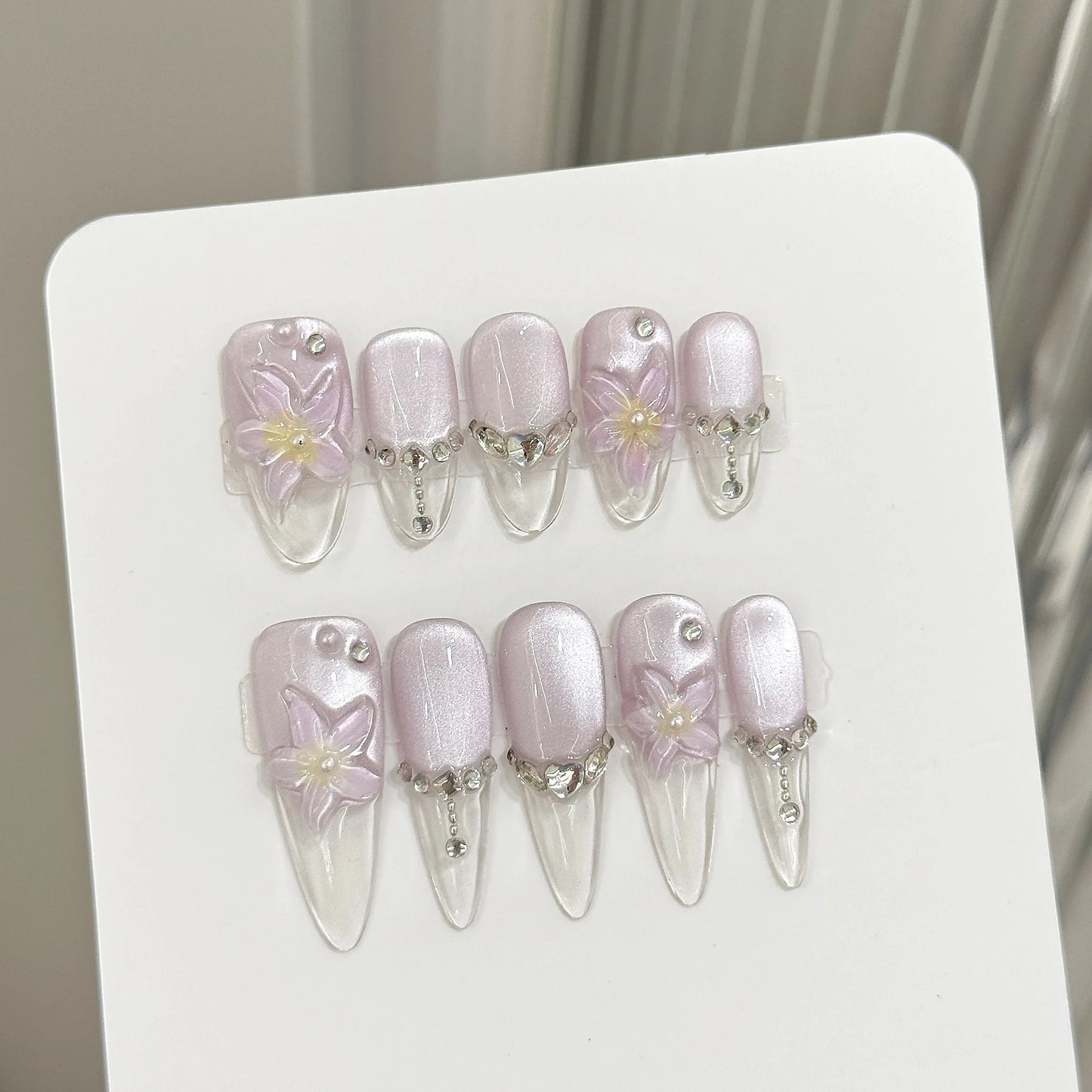 Almond Press-On Nails | Flower & Cat Eye Design – 10pcs