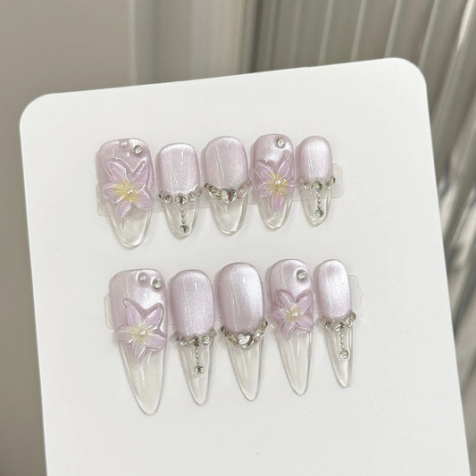 Almond Press-On Nails | Flower & Cat Eye Design – 10pcs Press-On Nails Peaceful Pleasures Health and Wellness