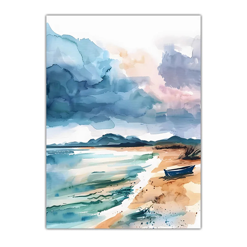 Watercolor Coastal Canvas Wall Art | Modern Landscape Poster Print Canvas Wall Art Print Peaceful Pleasures Health and Wellness 01 15x20cm No Frame China Mainland