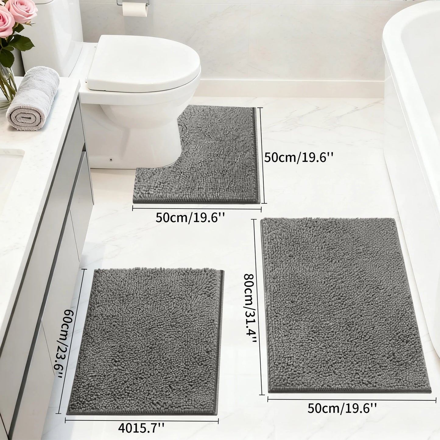 3 PC Set Non Slip Plush Chenille Bath Mat Extra Soft Super Absorbent Fluffy Carpet for Bathroom Machine-Washable Quick Dry Mat Peaceful Pleasures Health and Wellness Deep Grey 3PCS SET