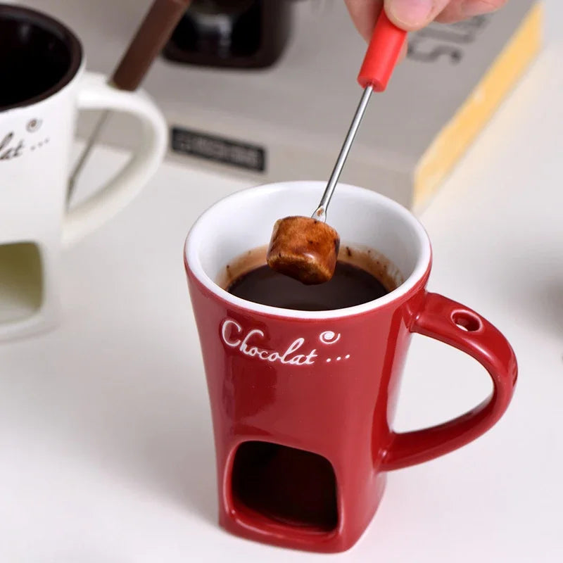 Personal Mini Ceramic Fondue Pot Mug Set – Chocolate & Cheese
