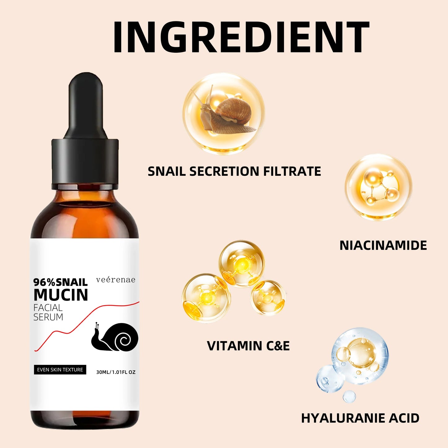 veérenae 96% Snail Mucin Facial Serum – Intense Hydration