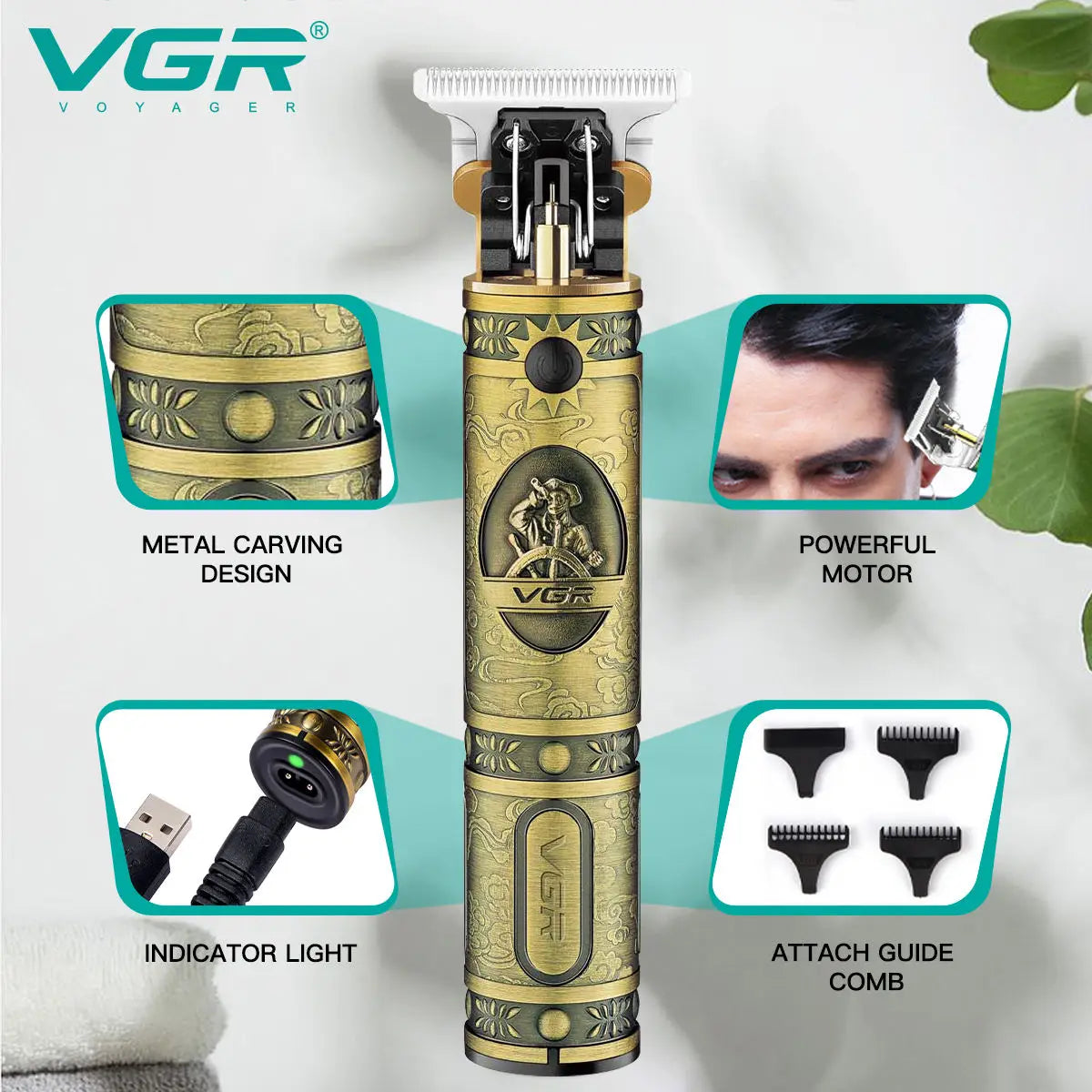 VGR 085 Hair Clipper Professional Rechargeable Personal Care Vintage Engraving Scissors T9 Trimmer USB Reduction Barber VGR Peaceful Pleasures Health and Wellness