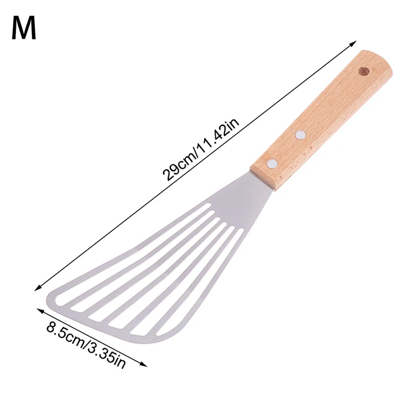 Stainless Steel Fish Turner Slotted Spatula | Beech Wood Handle Slotted Spatula Turner Peaceful Pleasures Health and Wellness M