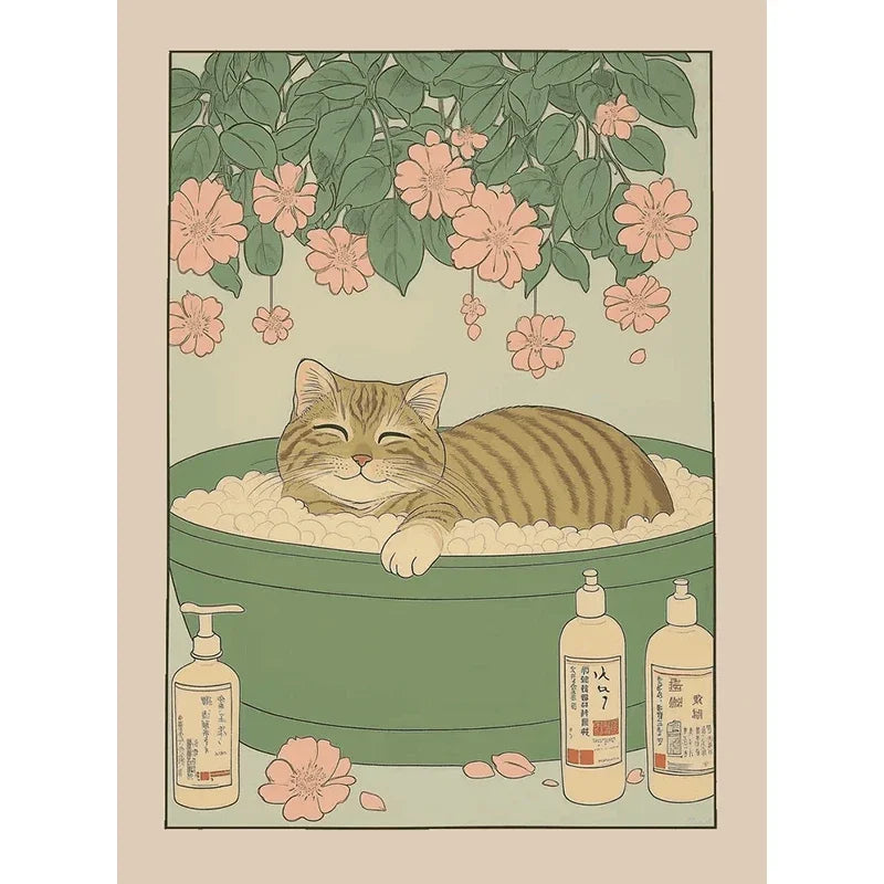 Japanese Cute Animals Bathtub Canvas Wall Art | Bathroom Decor