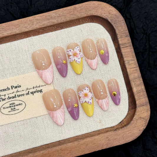 10pcs Handmade Press on Nails Crystal Striped Almond French Nail Art Fake Nails Tips Wearable 3D Carved Flower False Nails Decor Peaceful Pleasures Health and Wellness L 1