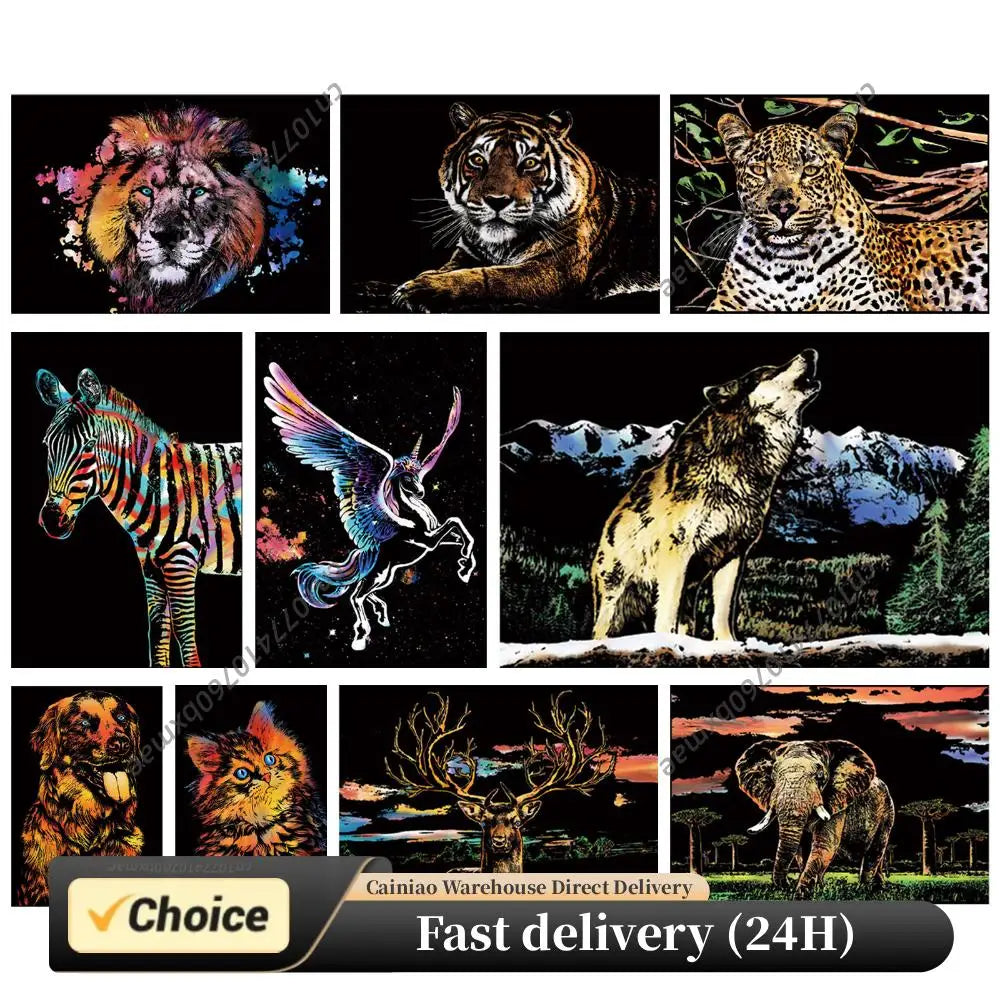 Animals Scratchboard Art 15.94x11.22 Inch with 3 Tools Rainbow Scratch Paper Foil Art for Adults Fun Creative Craft /Gifts/Decor Peaceful Pleasures Health and Wellness