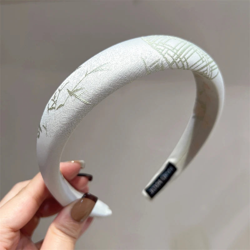 New Chinese Style Printed High Skull Headband with Elegant Temperament Retro Headband for Women Peaceful Pleasures Health and Wellness Off gray green Width about 3cm