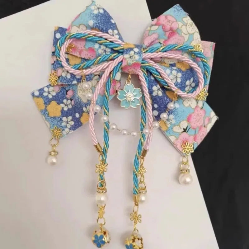 Japanese Style Girl with Hot Stamping Cherry Blossom Bow Hair Accessory Lolita Tassel Edge Clip Peaceful Pleasures Health and Wellness