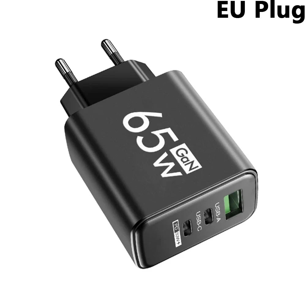 65W GaN USB-C Charger PD & QC 3.0 | 3-Port Fast Wall Adapter