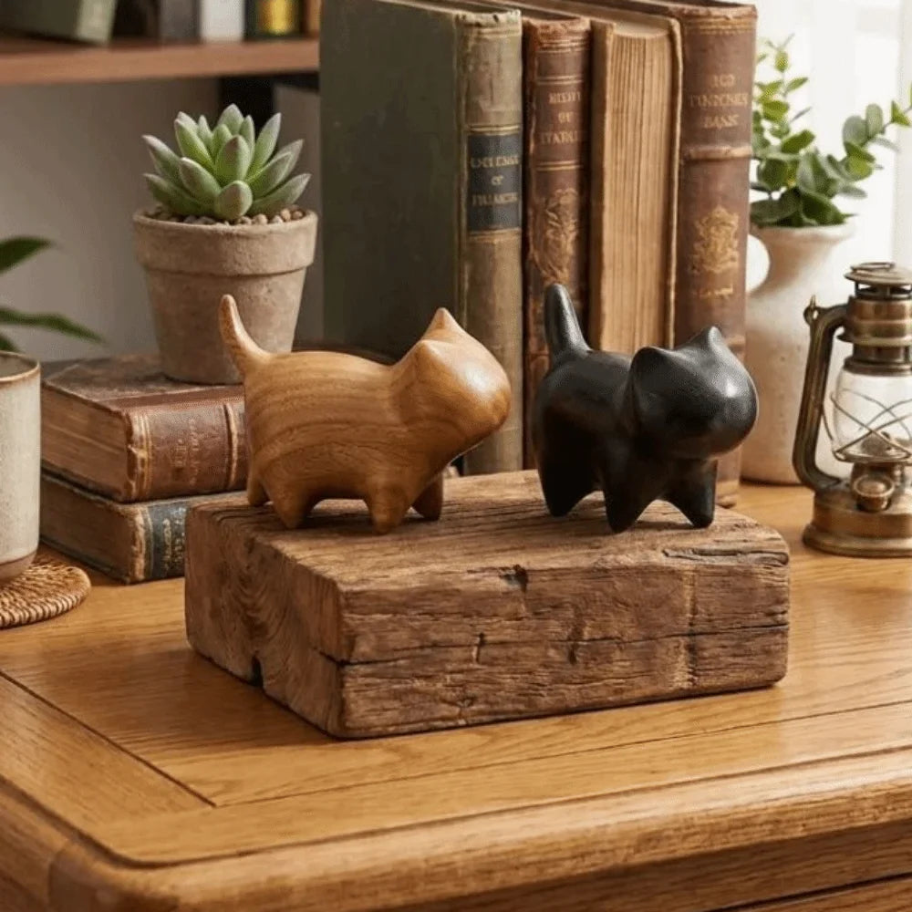 Handmade Wooden Cat Figurine with Bell | Natural Wood Decor