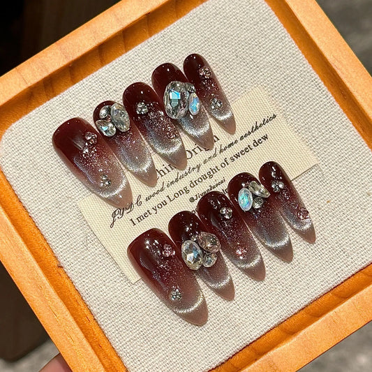 Handmade Press on Nails Autumn and Winter Sparkling French Cat Eye Fake Nails Shiny Rhinestone Decor Coffee Color False Nails Peaceful Pleasures Health and Wellness S