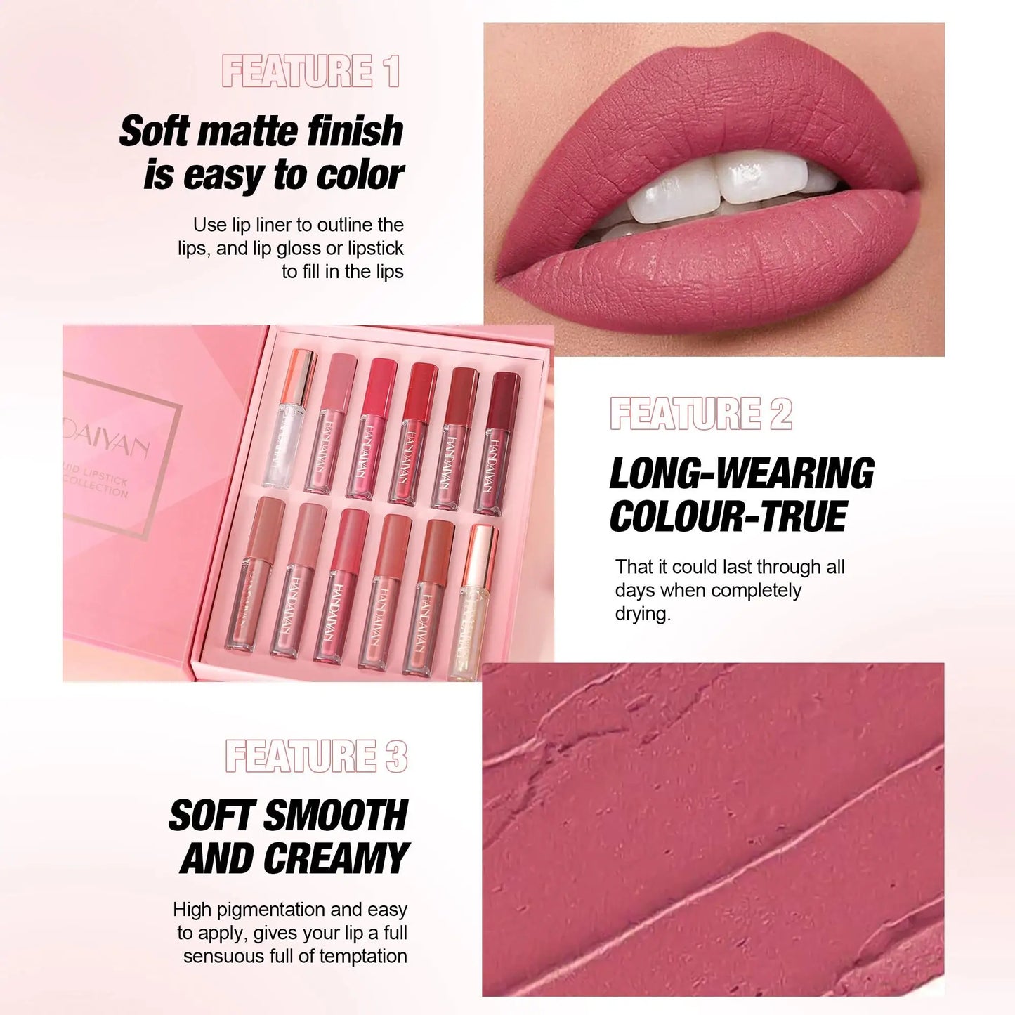 Handaiyan 12-Shade Velvet Matte Lip Gloss Set – Waterproof