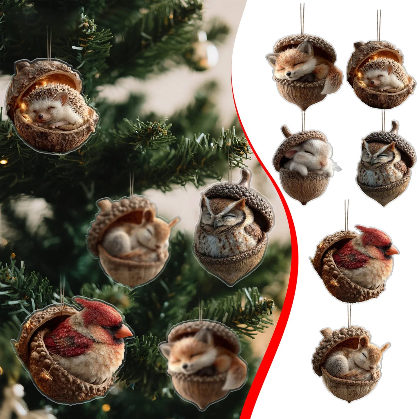 Acrylic Animal Acorn Christmas Ornaments – Fox Hedgehog Bunny