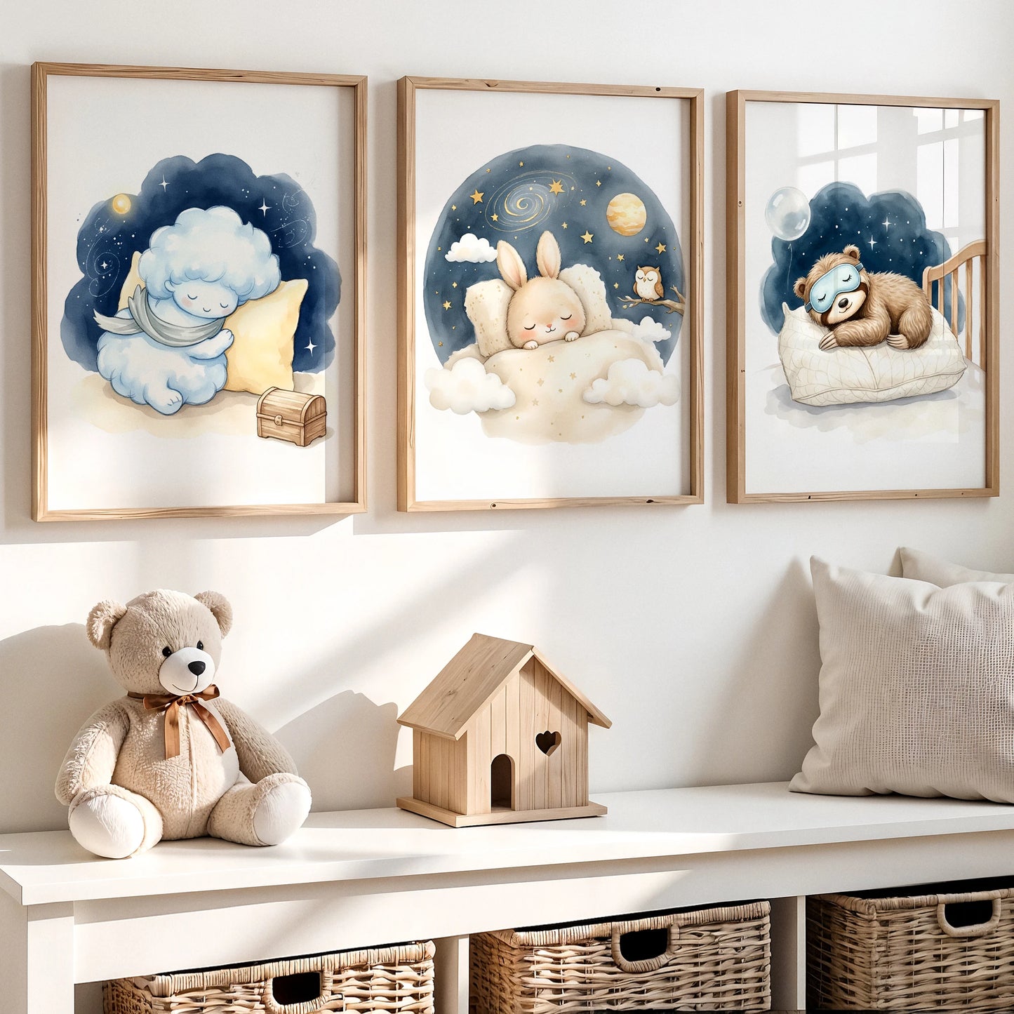 Watercolor Bear & Rabbit Canvas Wall Art | Kids Room Decor