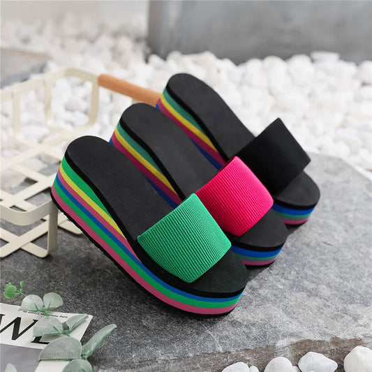 Women's Rainbow Bohemian Wedge Flip Flops | Non-Slip Beach Sandals Wedge Flip Flops Peaceful Pleasures Health and Wellness