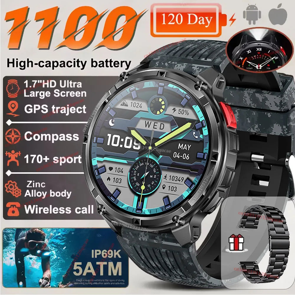 Ola Esporte Military Smartwatch 1.7" AMOLED GPS LED Flashlight