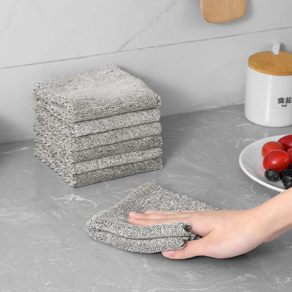 5pcs Bamboo Charcoal Dish Towel Fine Fiber Scouring Pad Kitchen Rag Dipped in Oil And Thickened to Absorb Water to Wipe Hands Peaceful Pleasures Health and Wellness