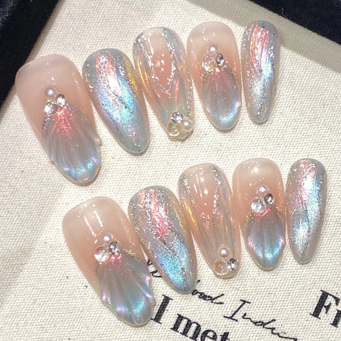 Handmade Press on Nails Blue Aurora Mermaid Fake Nail Patches Wearable Detachable French Pearl Almond False Nail Tips 10pcs Peaceful Pleasures Health and Wellness XS 5