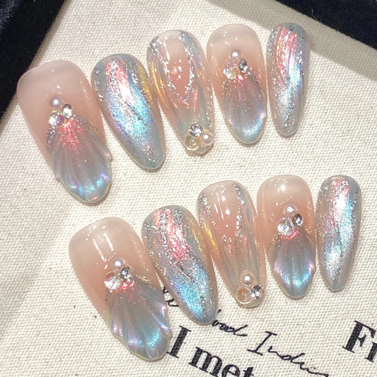Handmade Press on Nails Blue Aurora Mermaid Fake Nail Patches Wearable Detachable French Pearl Almond False Nail Tips 10pcs Peaceful Pleasures Health and Wellness XS 5
